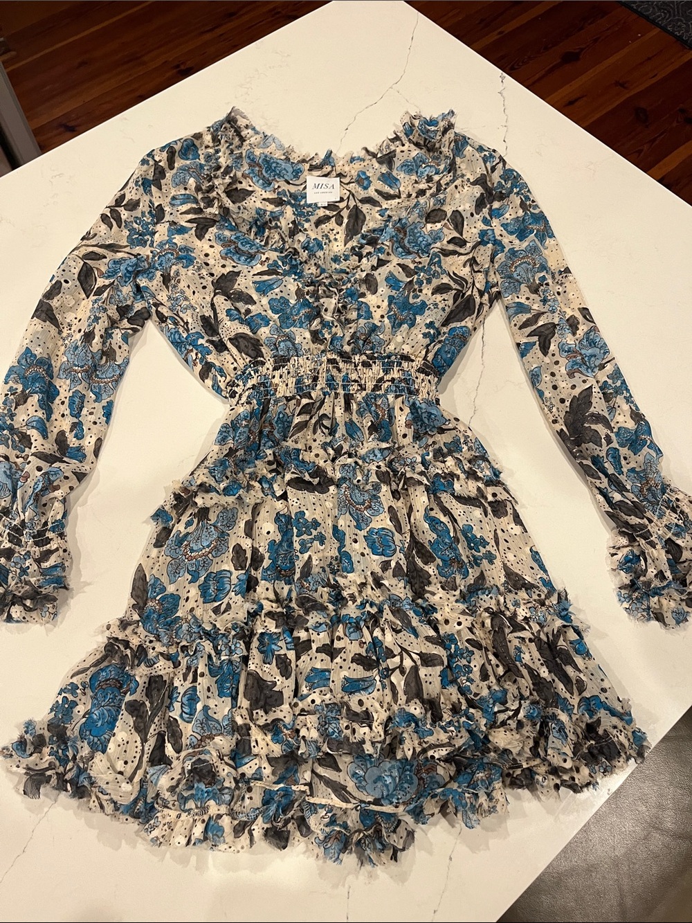MISA  Women’s Blue Floral Ruffle Dress